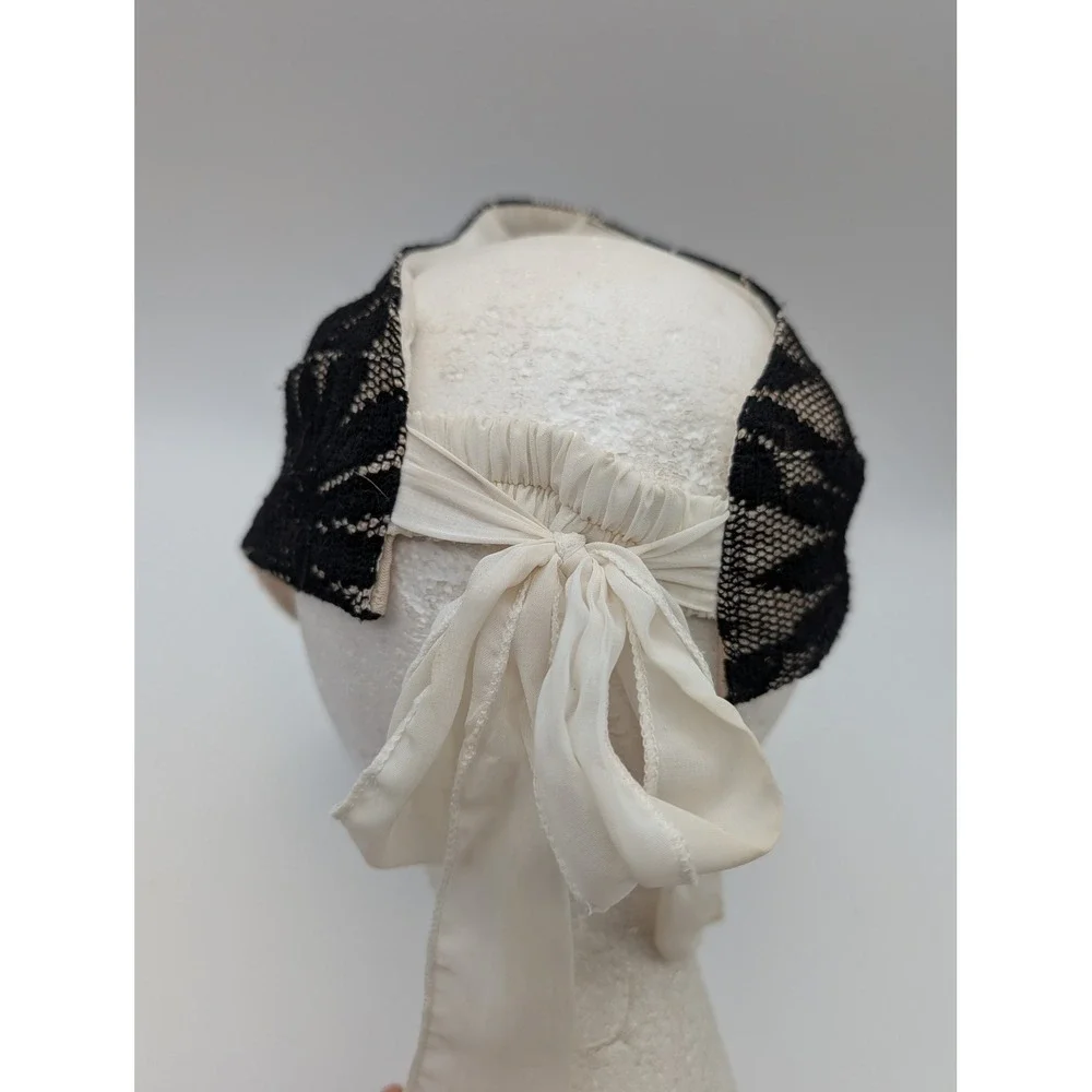 Black Floral Lace Sun Visor Hat Woven Straw Brim White Ribbon Tie Back